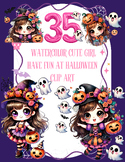 Watercolor Cute Girl Having Fun at Halloween Clipart