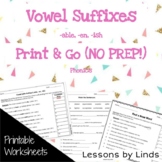 Grade 2: Vowel Suffixes, NO PREP Printable Worksheets: -able, -en, -ish
