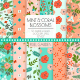 Floral Printable Paper. Pastel Red, Mint Hand Drawn Rose, Flower, Peony Pattern