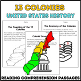 13 Colonies - Reading Comprehension Worksheets with Exercise Assessments