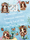 Watercolor Cute Bohemian Mermaid Having Fun at the Spring Festival Clipart