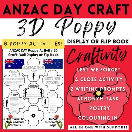 ANZAC Day Poppy | 3D Hanging Craft | Reading & Writing Activity | Wall Display