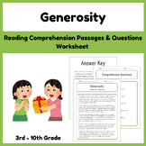 All About Generosity: Reading Comprehension Passages & Questions Worksheet
