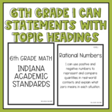 Indiana State Standards 6th Grade Math "I Can" Statements with Topic Headings