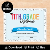 11th Grade Diploma, Editable & Printable Blue Graduation Certificate, End ofYear