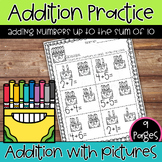 Back to School Kindergarten Addition Worksheets Up to 10 with Pictures