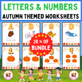 Autumn Themed Alphabet Letters & Numbers Worksheets Bundle for Prek & K