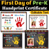 First day of Pre-K Handprint Certificate, First Week of School Activities