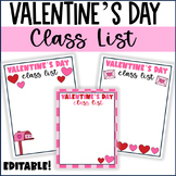 Valentine's Day Class List Editable Valentines Day Note Letter Hearts Colorful