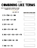 Combining Like Terms Introduction Worksheet