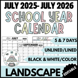 2025-2026 Editable Monthly Calendars | PDF + PPT | 5 & 7 Day | Landscape