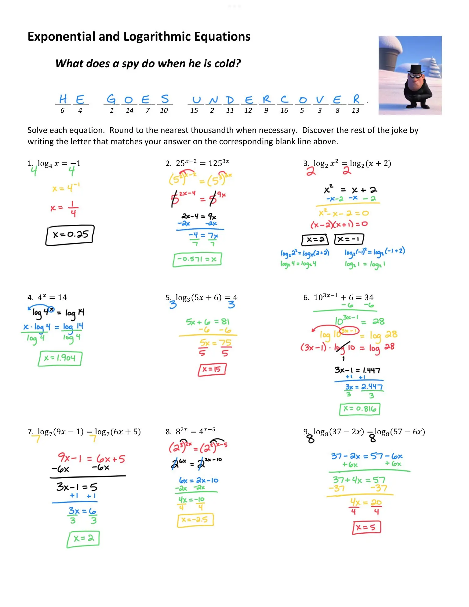 Exponential And Logarithmic Equations Joke Worksheet 3 With Answer Key ...