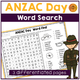 ANZAC Day Word Search | Differentiated Wordfind | No-Prep Activity Worksheets
