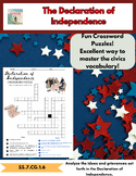 Civics and Government: Declaration of Independence Crossword Puzzle-SS.7.CG.1.6