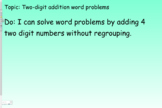 Adding 4 two digit numbers; Word Problems