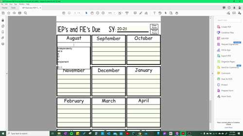 1 page IEP dates overview - editable PDF, Black & White