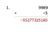 Multiply a 10-digit number by a 7-digit number with mixed negatives (50 workshee