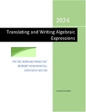 Translating and Writing Algebraic Expressions - PART ONE:  Addition