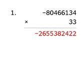 Multiply an 8-digit number by a 2-digit number with a negative (50 worksheets)