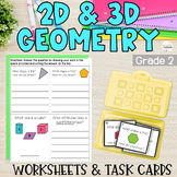 2nd Grade 2D and 3D Geometry Math Worksheets and Task Cards Printable or Digital