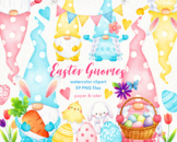 Watercolor Easter Gnomes Clipart, Pastel Spring Bunny PNG
