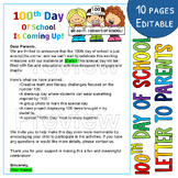 100th Day of School Letter to Parents - Snack Letter  - Editable Templates