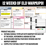 12 Weeks of ELD Warmups - Editable Daily Slides Template with Warmup Question
