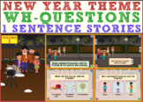 1 Sentence Stories (Wh- Questions) | New Year Theme Boom Cards