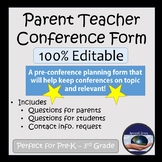 100% EDITABLE Parent Teacher Conference Form