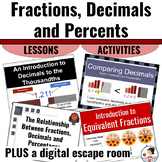 Fractions Decimals Percents Lesson and Activity Bundle with Digital Escape Room