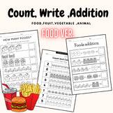 Kindergarten Math worksheet-Count,Addition to 10 with food,fruit,animal