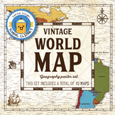 World map and continents: Vintage style geography poster set (10 maps)