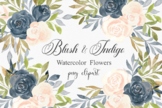Watercolor Flowers Blush and Indigo Clipart - Floral - Spring