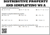 Algebra 1:  Distributive Property and Simplifying WS A and B with Keys/QR Codes