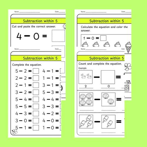 Summer Math Fun | Subtraction Within 5 Worksheets for Pre-k/kindergarten
