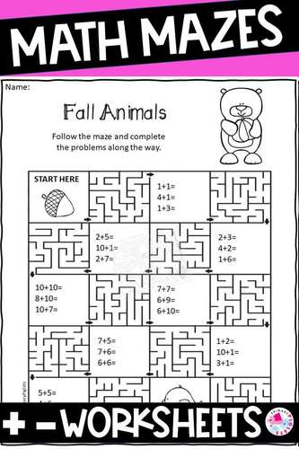 Fall Addition and Subtraction Facts Practice Worksheets Mazes