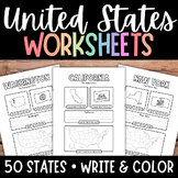 50 States Worksheet, United States Geography, Writing Activities, Coloring Pages