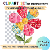Watercolor Patchwork Flowers Clipart - DIY Project Elements, High-Quality PNG Se