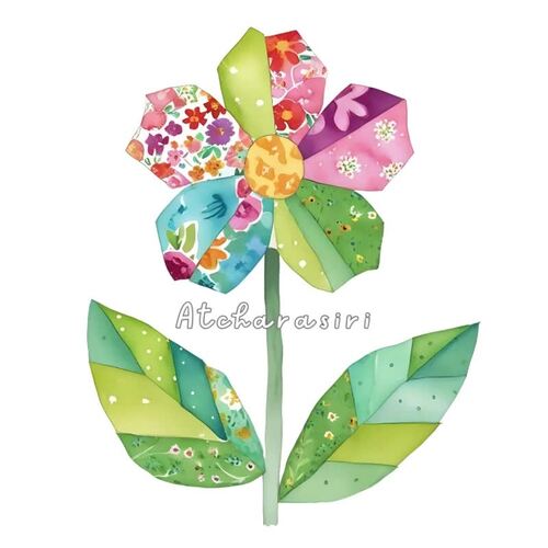 Watercolor Patchwork Flowers Clipart - DIY Project Elements, High-Quality PNG Se