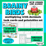 Brainy Birds - multiply decimals/whole numbers task cards + printables (set b)