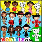 Worldy Kids. Children on the World Clipart. Full Color and Black/ white.