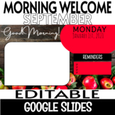 BACK TO SCHOOL Morning Welcome Slides EDITABLE Apples | Wood | September